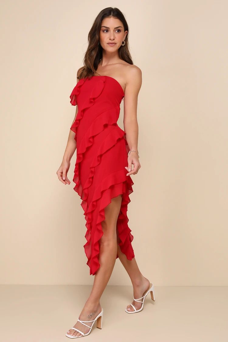 Haute Date Red Chiffon Ruffled Strapless Midi Dress | Lulus