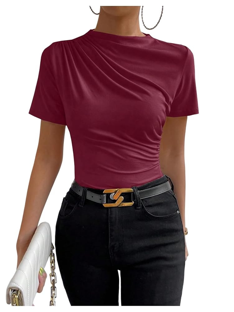 SweatyRocks Women's Ruched Mock Neck T Shirt Short Sleeve Fitted Summer Basic Tops | Amazon (US)
