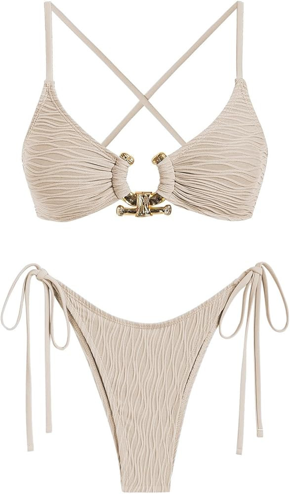 ZAFUL Women's Bikini Sets Ribbed Metal O Ring Criss Cross Two Piece Swimsuit Cheeky High Cut Side... | Amazon (US)