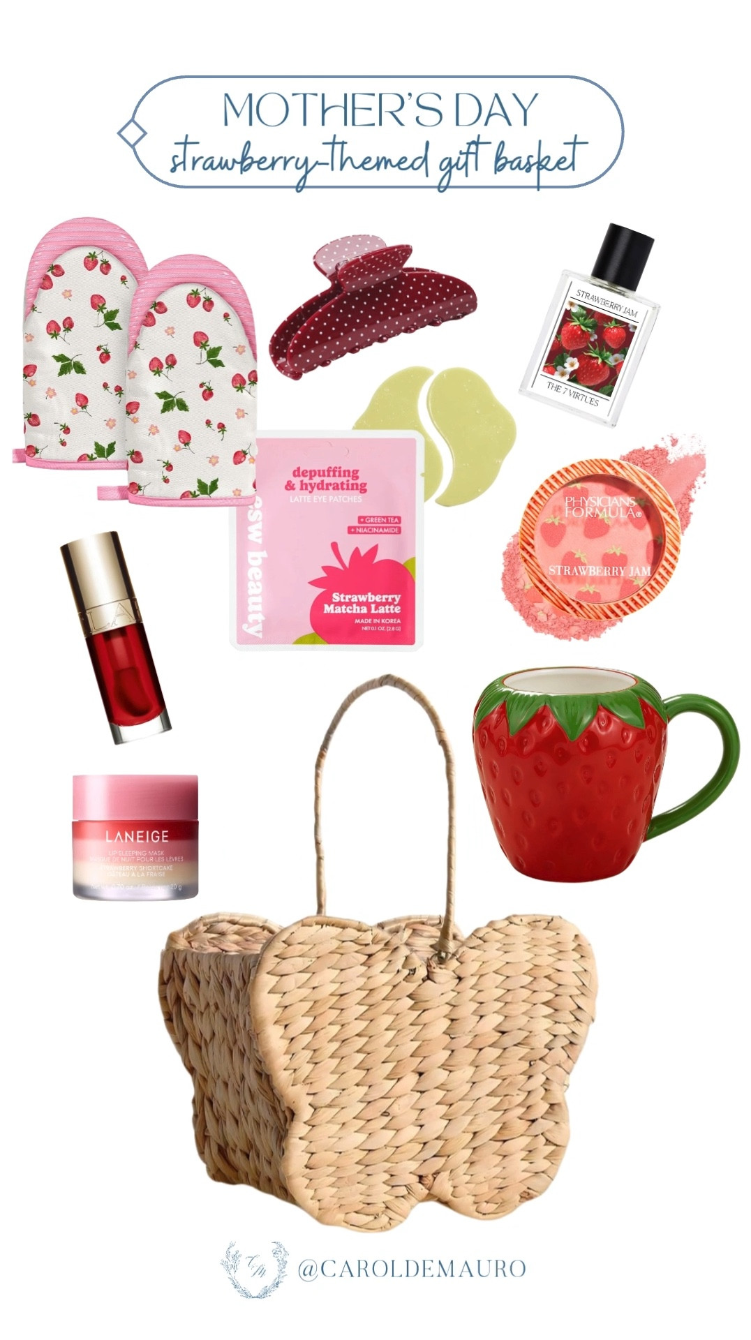 Looking for a berry sweet gift idea for Mother's Day? This adorable strawberry-themed gift basket is packed with fresh treats and matching aesthetic goodies she will absolutely love. Shop the contents and recreate this cute, customized bundle!

mothers day gift, gift basket ideas, strawberry theme, gift guide for mom, creative gifting, thoughtful gifts