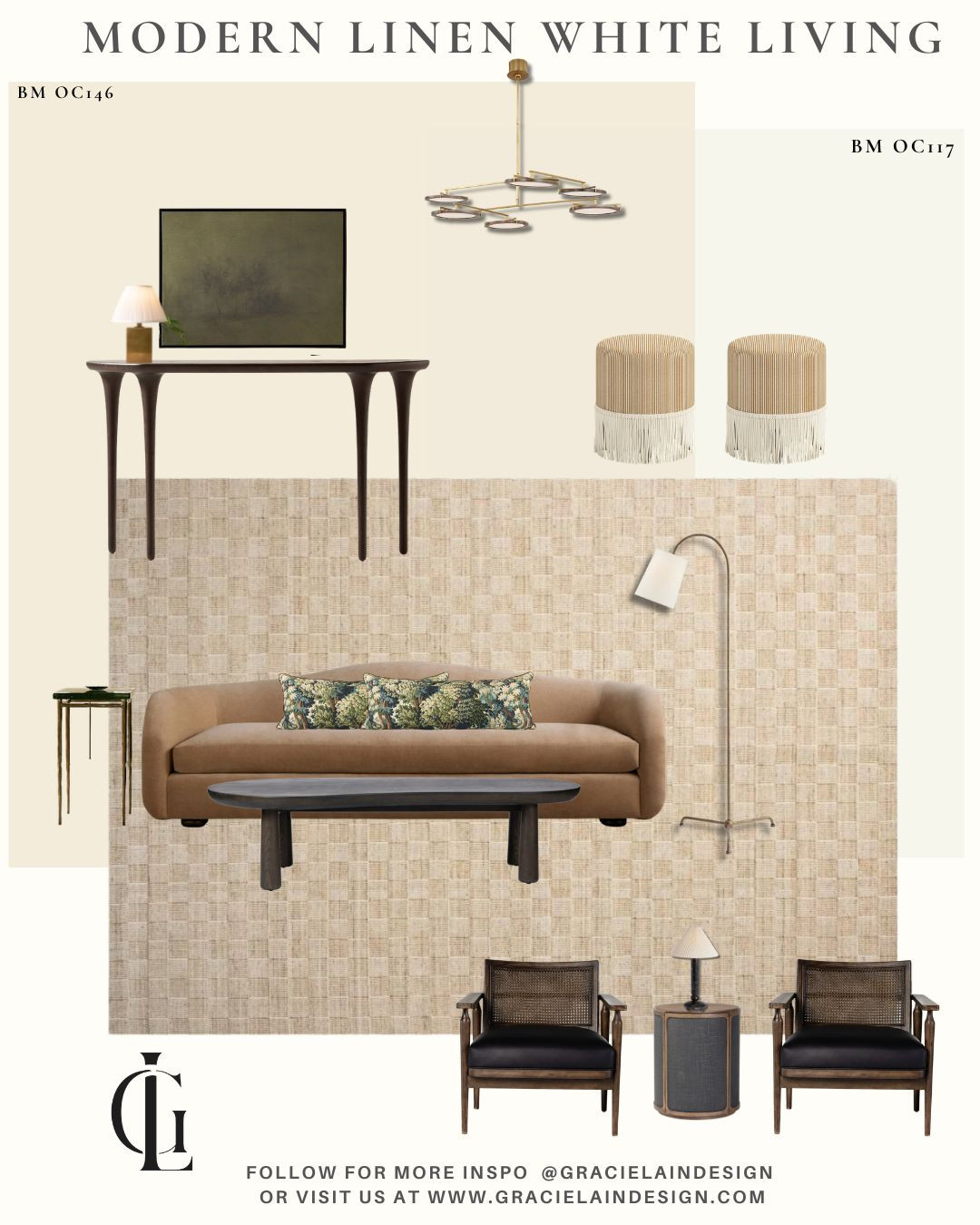 Set against Benjamin Moore’s Linen White, this earthy, modern, sophisticated living room balances warmth and refinement. A curved sofa invites conversation, paired with leather wood-framed chairs, sculptural stools, and a statement chandelier (currently a steal). Brass accents add a subtle glow, while a soft geometric rug and textural side table ground the space. Versatile nesting tables keep things flexible—perfect for gathering, relaxing, and truly enjoying the moment.

This is a room designed not just to be seen, but to be lived in.

Discover more at gracielaindesign.com

#InteriorDesign #ModernLiving #EarthyTones #SophisticatedStyle #LivingRoomInspo #CurvedSofa #BrassAccents #OrganicModern #DesignDetails #HomeInspiration #NeutralPalette #TextureAndTone #GatherInStyle #GracielainDesign

#LTKHome #LTKSaleAlert