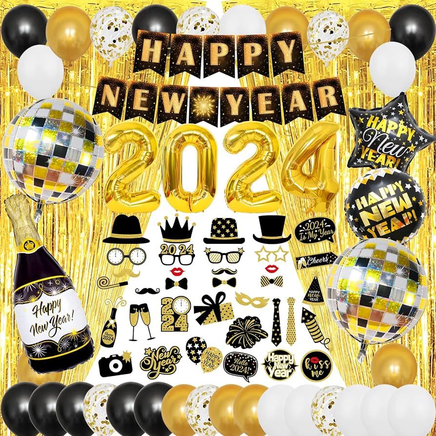 Huge New Years Eve Party Supplies 2024, Pack of 74, 4D Disco Ball Balloons, Happy New Year Banner... | Amazon (US)
