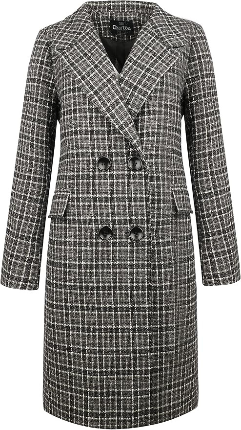 CHARTOU Women's Winter Oversize Lapel Collar Woolen Plaid Double Breasted Long Peacoat Jacket | Amazon (US)