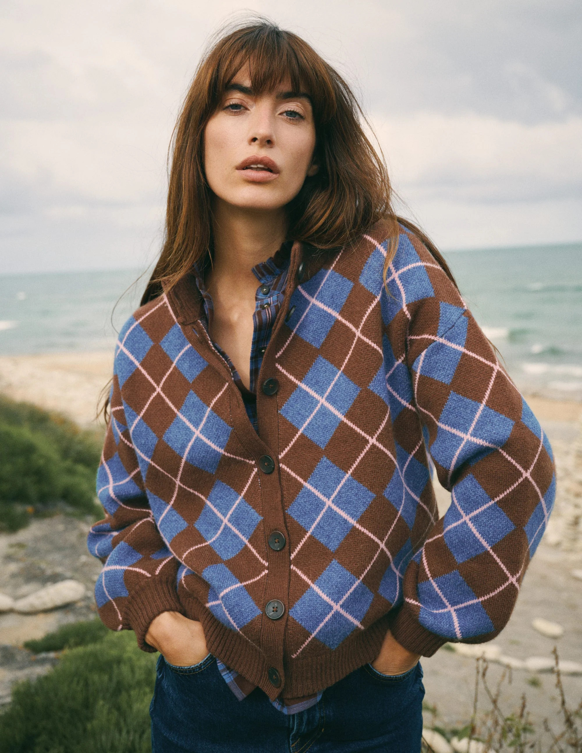 Jemma Jacquard Knit Cardigan-Raw Umber, Argyle | Boden (US)
