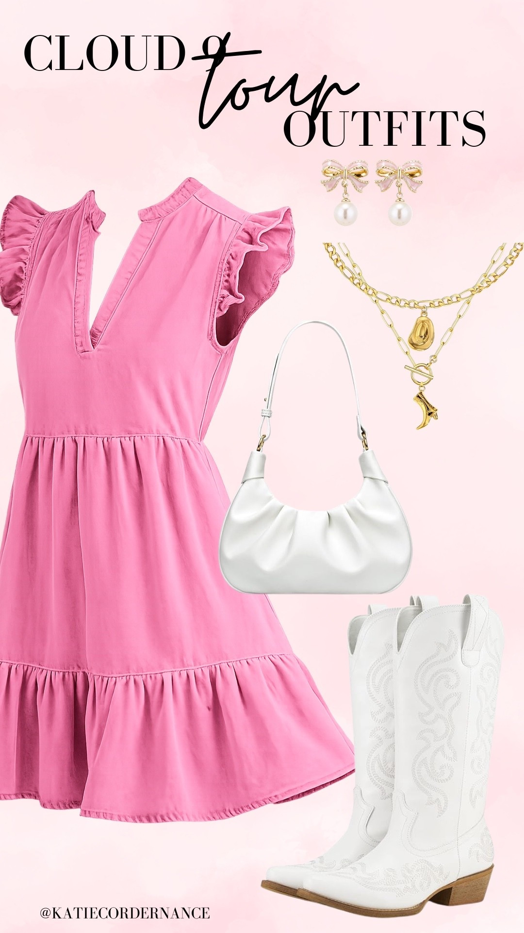 Cloud 9 Tour ready ☁️💖 The cutest pink mini dress paired with white cowgirl boots, pearl details, and layered gold accessories for the ultimate concert night look. Perfect for country concerts, girls night out, or Nashville weekends. Shop this full outfit now! #LTKStyle #ConcertOutfit #WesternChic #Cloud9Tour #NashvilleStyle 

#LTKootd