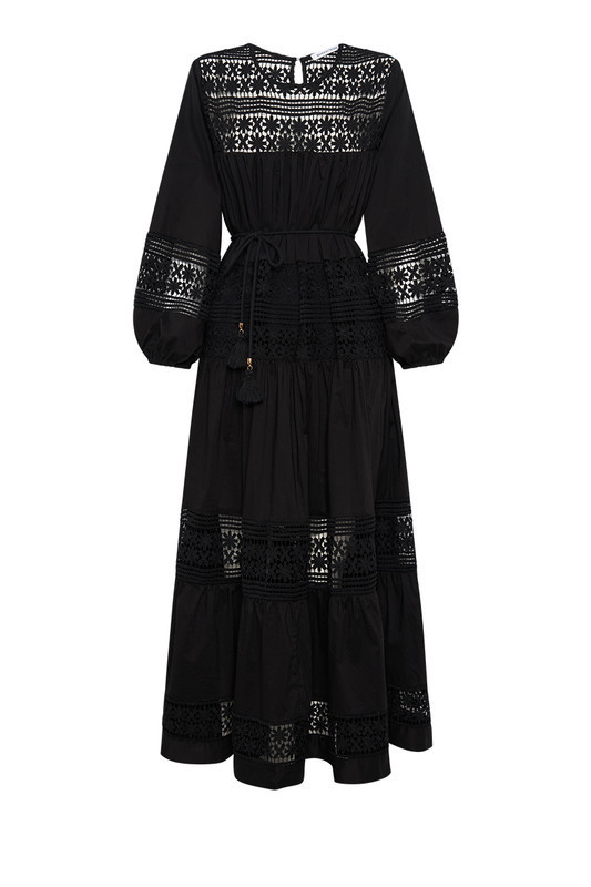 Lace-Tiered Maxi Dress In Black | Bohemian Traders