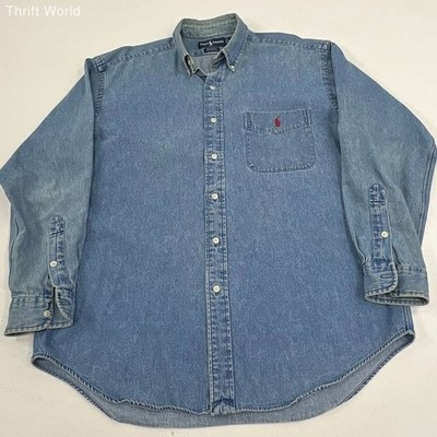 Vintage 90s Ralph Lauren Denim Big Shirt Button Down Red Pony Sz M | eBay US