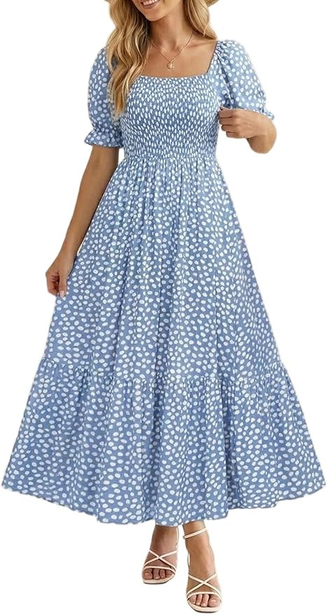 Holipick Women's Casual Dress Square Neck Smocked Shirred Puff Sleeve Cute Long Flowy Maxi A Line... | Amazon (US)