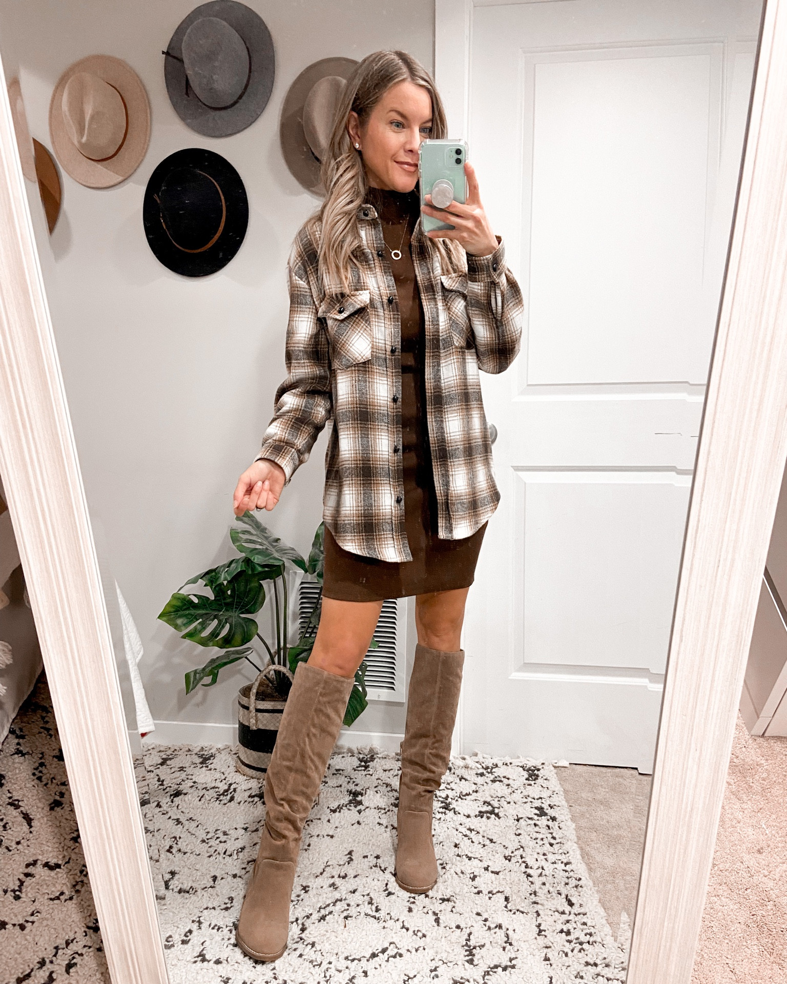 Ribbed Mock Neck Bodycon Dress from Old Navy - I sized up one size to Small. Styled with plaid shacket and knee-high boots.

#LTKSeasonal #LTKstyletip #LTKunder50