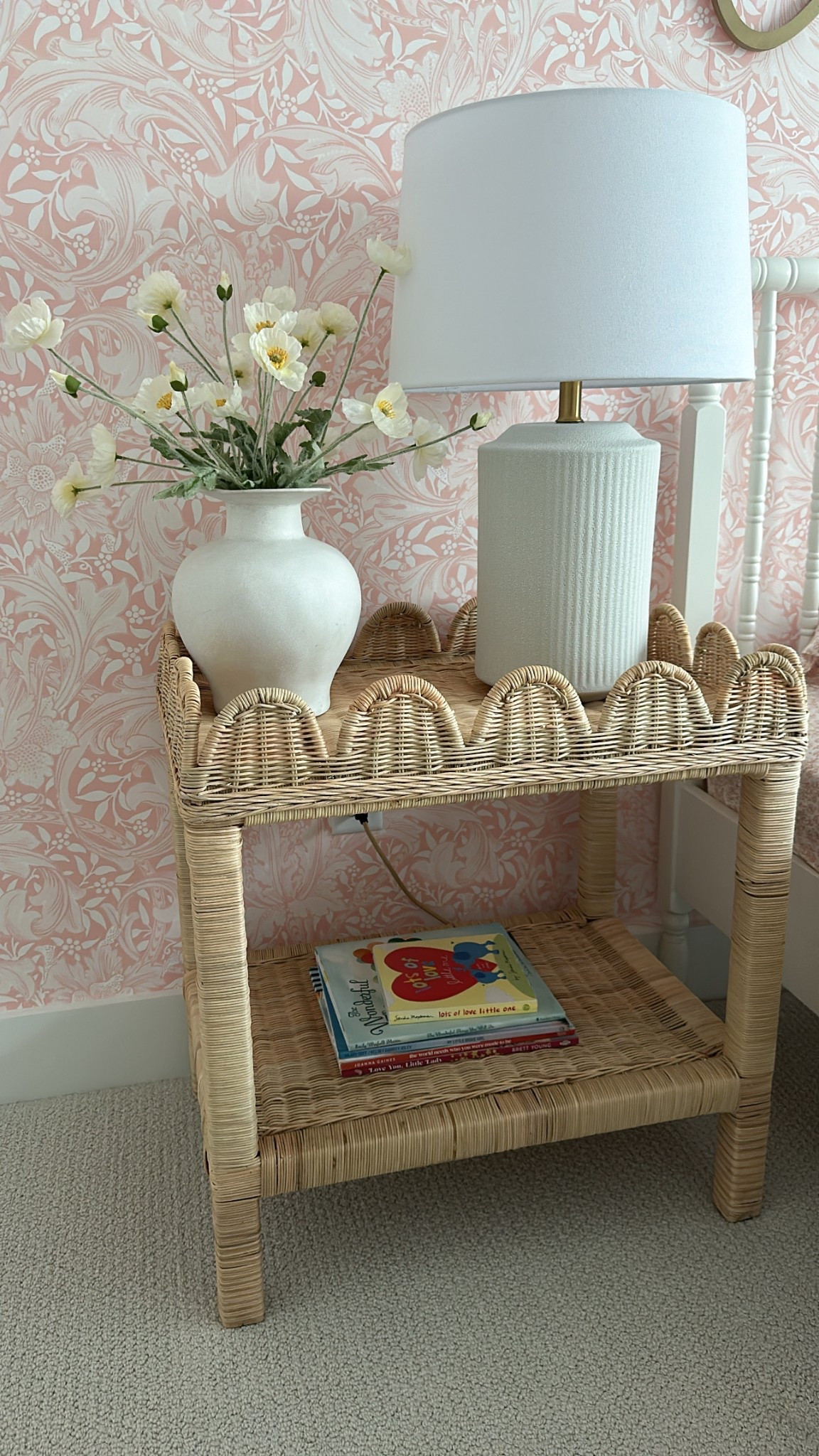 Big girl bedroom, scallops, scallop table, scallop nightstand, rattan 

#LTKHome #LTKKids #LTKSaleAlert