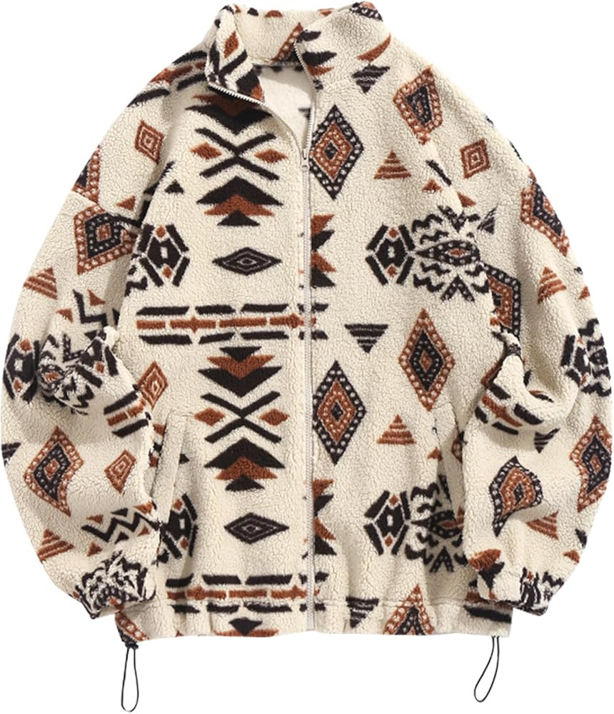 ZAFUL Women's Long Sleeve Zip Up Coat Faux Fur Ethnic Aztec Print Jacket Pocket Teddy Winter Coat... | Amazon (US)