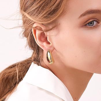 Chunky Gold Hoop Earrings for Women, Lightweight Teardrop Hoops Earrings with 18K Real Gold Plate... | Amazon (US)