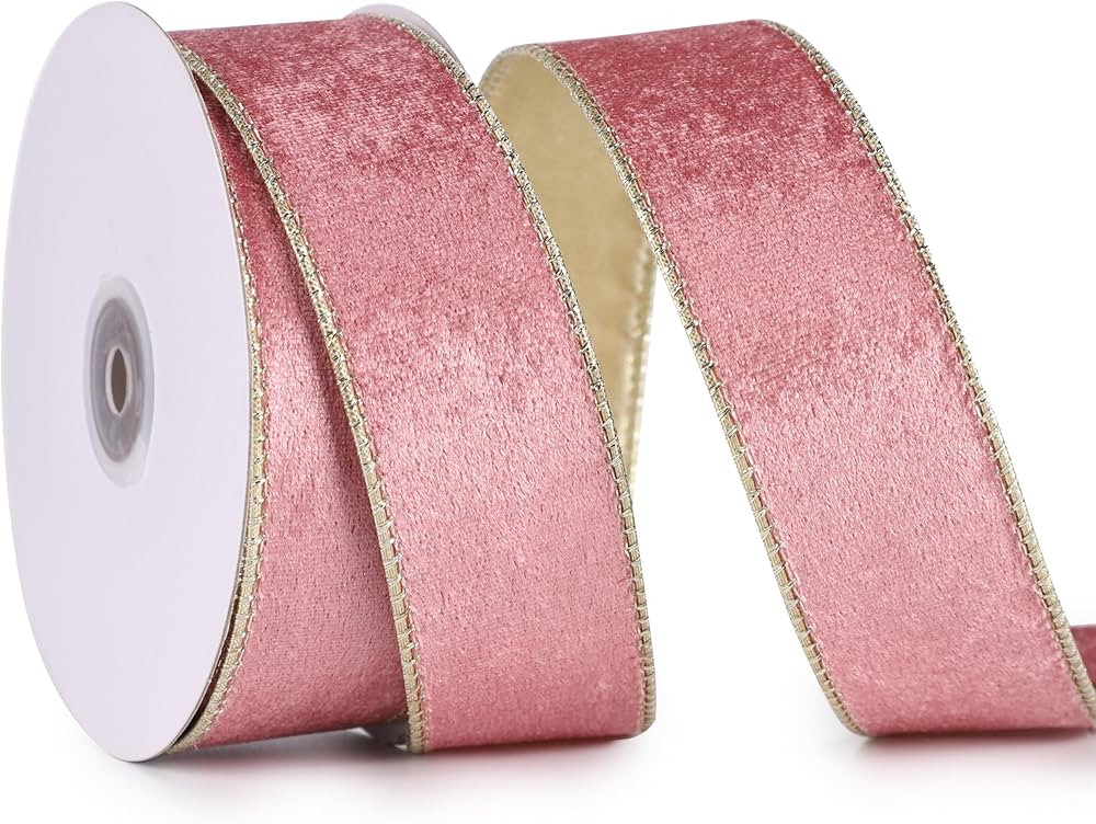 Rose Gold Velvet Ribbon Wired 1.5" x 10 Yards Rose Pink Christmas Wired Ribbon with Gold Back Pin... | Amazon (US)