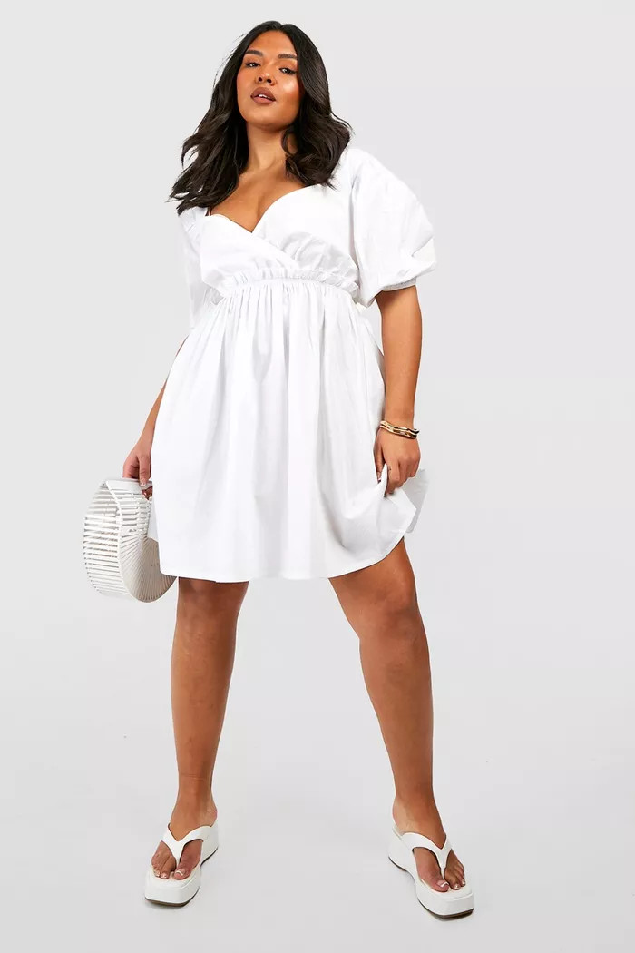 Plus Poplin Puff Sleeve V Neck Smock Dress | Boohoo.com (US & CA)