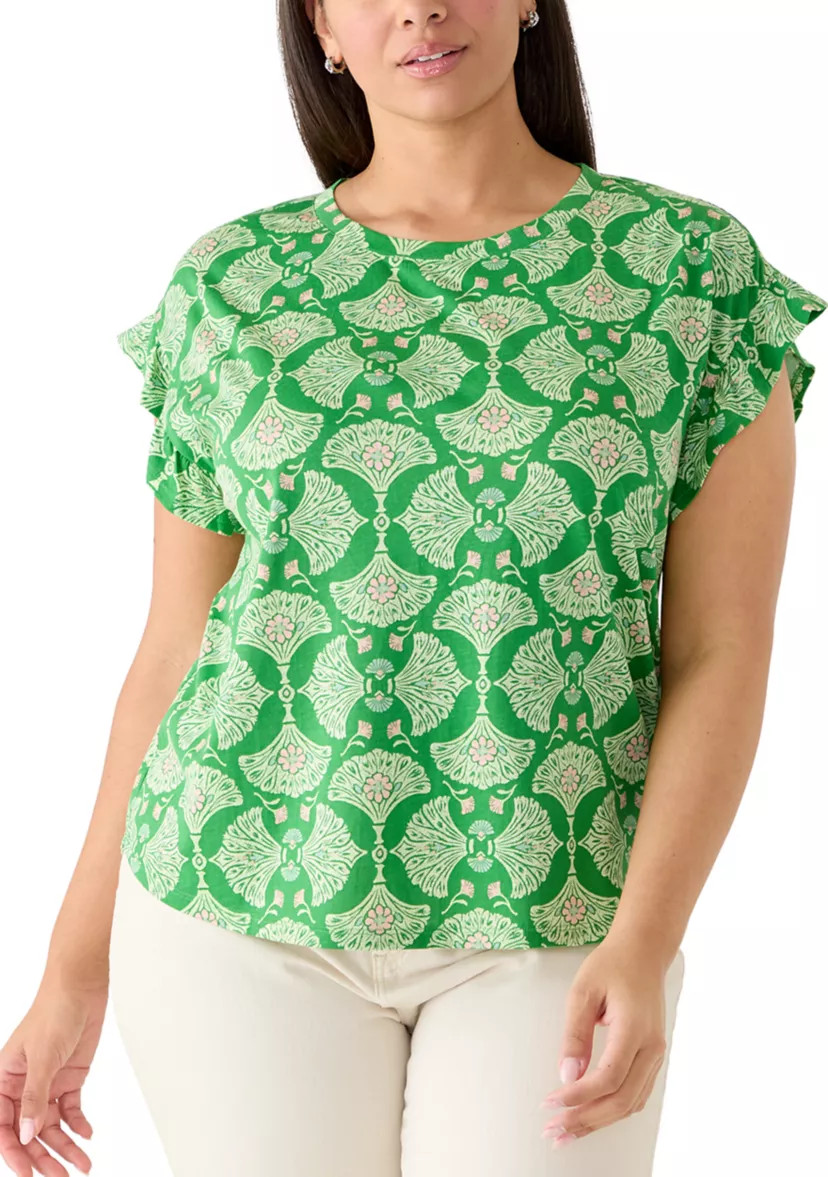Plus Size Short Sleeve Ruffle Printed T-Shirt | Belk