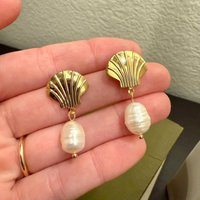Seashell & Pearl Dangle Earrings - Gold Statement Beach With Baroque Drop | Etsy (US)