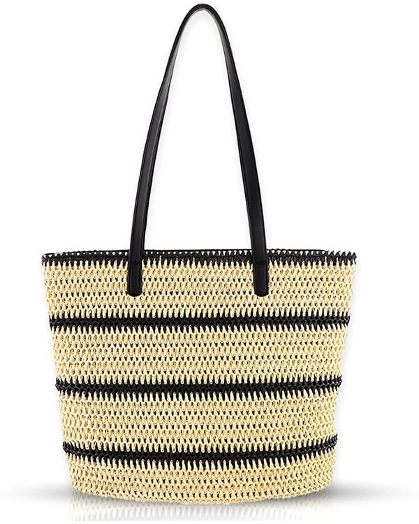 Beach Bag for Women, Summer Straw Bag, Hand-woven Tote Bag, Striped Leather Shoulder Strap Rattan... | Amazon (US)