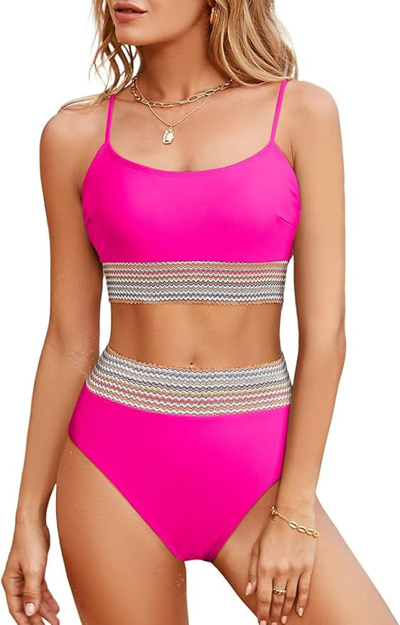 Herseas Women's Bikini Sets Colorblock Trim 2 Piece High Waisted Swimsuit Scoop Neck Adjustable S... | Amazon (US)