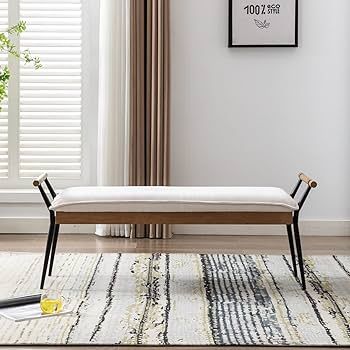 LukeAlon Modern Chenille Entryway Bench, Upholstered End of Bed Bench with Arms Classic Bedroom Ottoman Bench with Metal Legs Elegant Footstool for Entrance Living Room, White | Amazon (US)
