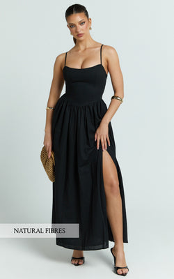 Morris Midi Dress - Linen Scoop Neck Gathered Dress in Black | Showpo (US, UK & Europe)