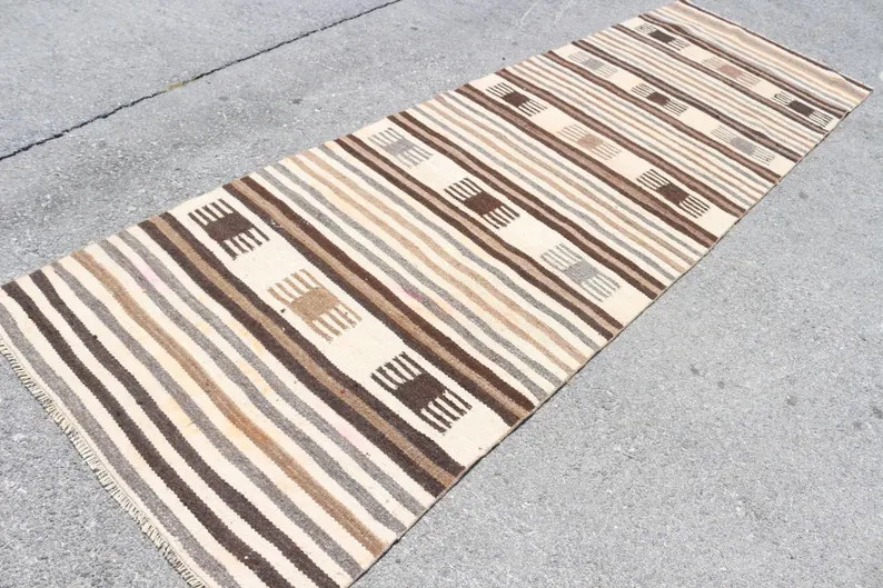 Vintage Turkish Kilim, Runner Kilim, Handwoven Hallway Rug, Oushak Kilim, Beige Brown Striped Des... | Etsy (US)