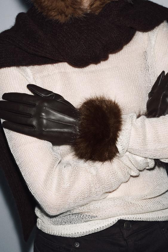 SHORT FAUX LEATHER AND FUR GLOVES | Zara US
