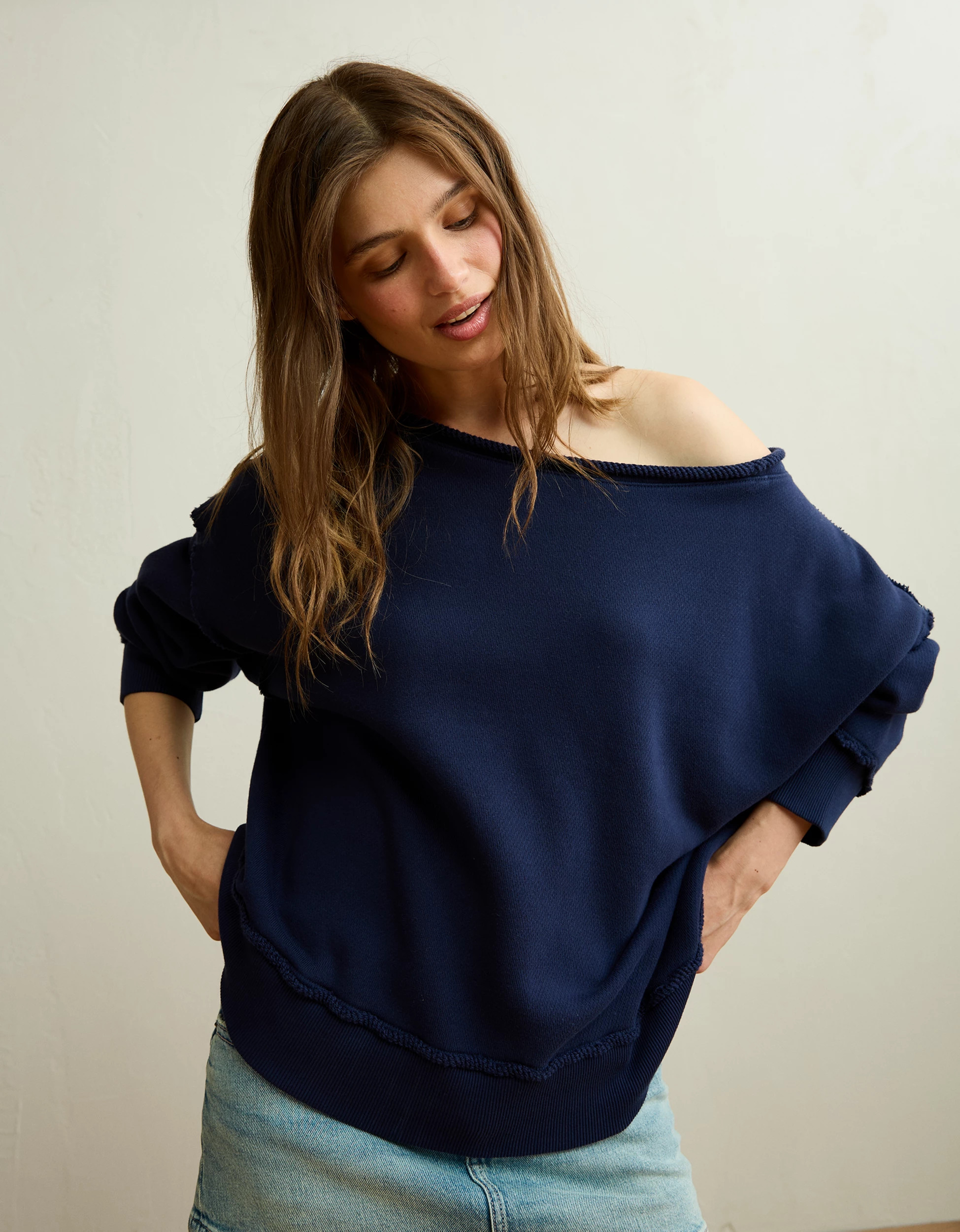 AE On a Roll Off-the-Shoulder Sweatshirt | American Eagle Outfitters (US & CA)