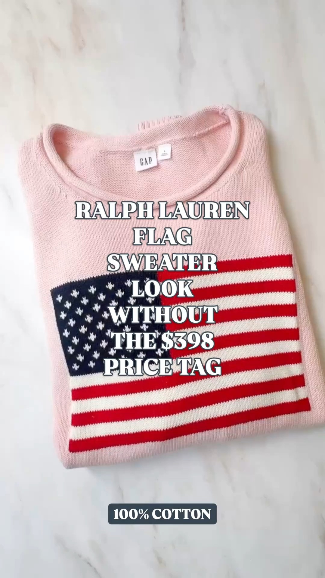 Ralph Lauren flag sweater look for less, American flag sweater, USA flag sweater, patriotic sweater women, 4th of July outfit, Memorial Day outfit, cotton flag sweater, preppy sweater women, Americana outfit

This is the American flag sweater find I would grab before everyone starts searching for patriotic outfits.

It has that classic Ralph Lauren flag sweater look — cream cotton knit, bold USA flag graphic, red white and blue detail, ribbed trim, and the easy preppy Americana feel that works year after year. The designer version is $398, and this gives you the same polished coastal patriotic sweater energy for so much less.

The best part: it is 100% cotton. Soft cotton knit, long sleeves, ribbed crewneck, ribbed cuffs, ribbed hem, and a straight easy fit that hits at the hip. It is machine washable too, which makes it much more realistic for actual summer wear.

This is exactly the kind of piece people search for ahead of Memorial Day, Fourth of July, Labor Day, lake weekends, beach trips, Cape Cod vacations, Nantucket outfits, casual summer nights, and red white and blue outfits that still feel classic instead of costume-y.

Wear it with white denim, denim shorts, a tennis skirt, linen pants, navy shorts, or tossed over your shoulders with a sundress. It has that old-school American summer feel — polished, preppy, and very Ralph Lauren-inspired.

If you have been looking for the Ralph Lauren flag sweater look without the $398 price tag, this is the one I would not let sit.

Ralph Lauren flag sweater look for less, Ralph Lauren inspired sweater, American flag sweater, USA flag sweater, patriotic sweater women, 4th of July sweater, Memorial Day outfit, Labor Day outfit, red white and blue outfit, cotton flag sweater, 100 cotton sweater, cream flag sweater, preppy sweater women, Americana outfit women, coastal patriotic outfit, New England summer outfit, Nantucket style, classic American style, designer look for less 

#LTKFindsUnder100 #LTKFindsUnder50 #RalphLauren #LookForLess #FlagSweater 

#LTKSeasonal #LTKWorkwear #LTKSaleAlert