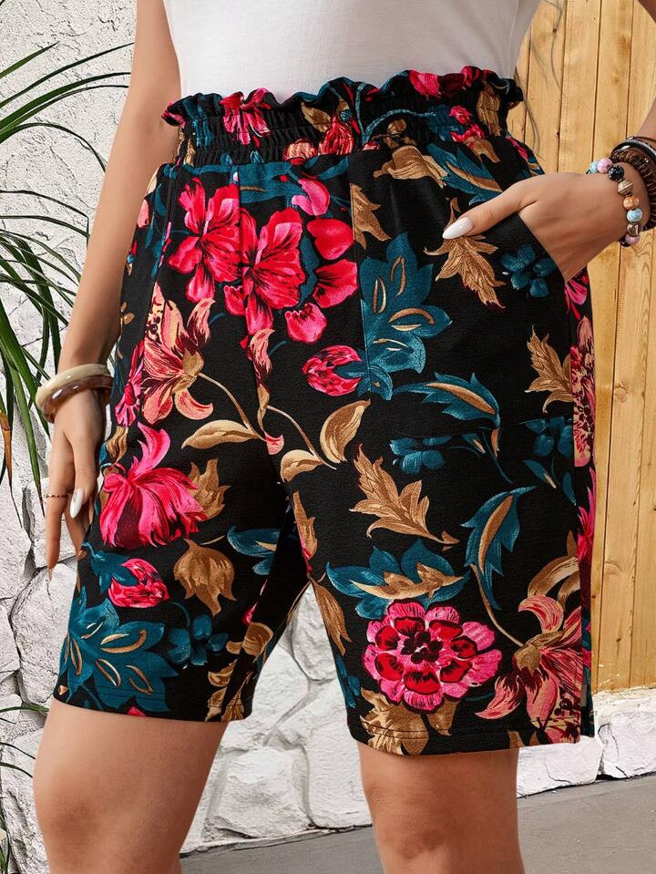 EMERY ROSE Plus Size Floral Printed Paper Bag Waist Shorts With Belt And Pockets, Summer Casual |... | SHEIN