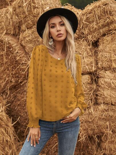 Swiss Dot Shirred Cuff Blouse | SHEIN