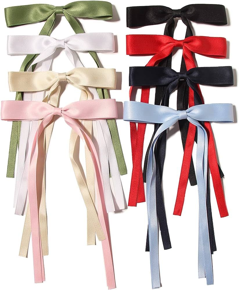 LFOUVRE 8pcs Long Tail Bow Hair Clips for Women - Ribbon Bowknot Barrettes with Tassel Claw for H... | Amazon (US)