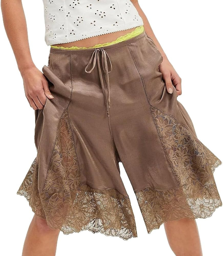 Lace Trim Satin Bermuda Shorts Women Cute Coquette Knee Length Silk Pajama Shorts | Amazon (US)
