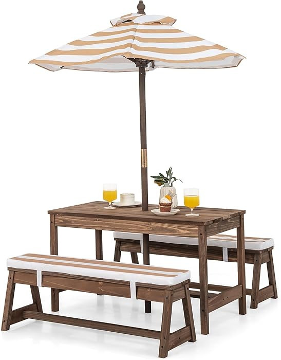HONEY JOY Kids Picnic Table, Outdoor Wooden Table & Bench Set w/Removable Cushions and Umbrella, ... | Amazon (US)