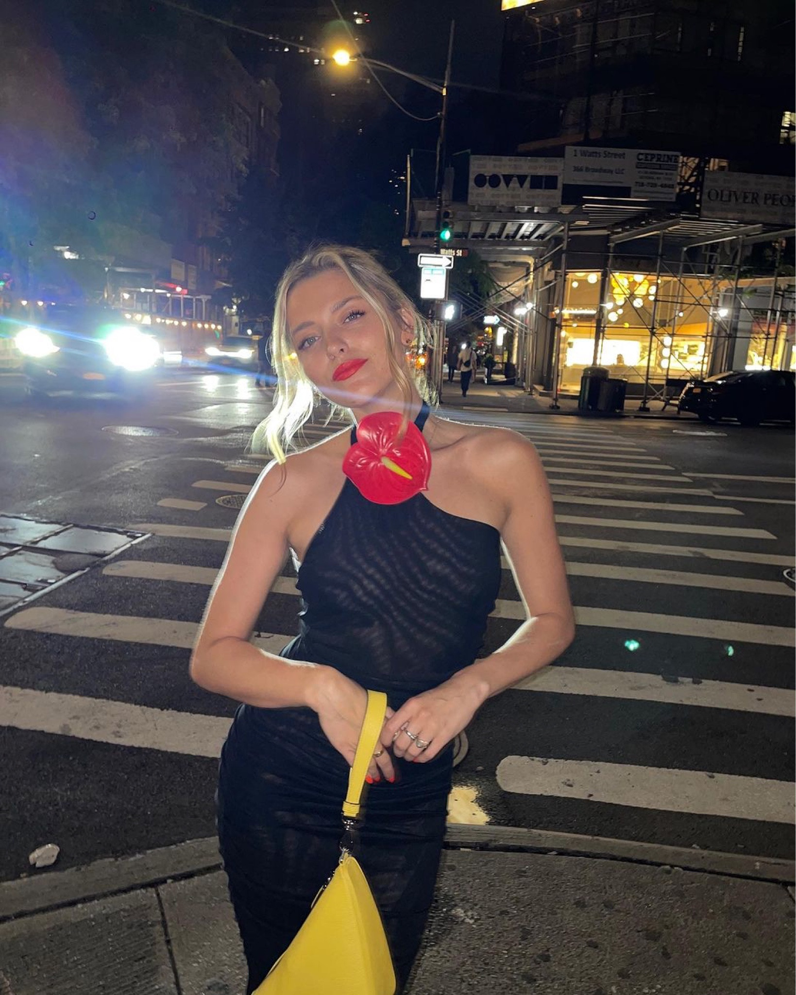 Evening outfit, night outfit, New York outfit, date night outfit, birthday dinner outfit, black maxi dress, halter neck maxi dress, floral corsage dress, toe thong heels, yellow bag, triangle bag, Prada, Palm Angels, Karen Millen, River Island

#LTKeurope #LTKstyletip #LTKSeasonal