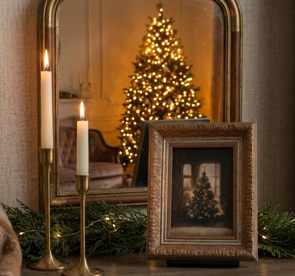 Add vintage warmth to your entryway console with this ornate framed Christmas tree artwork and glowing cedar garland.#christmasdecor #holidaydecor #entrywaydecor #vintagechristmas

#LTKSeasonal #LTKHome