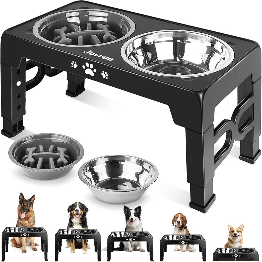 Elevated Dog Bowls, Dog Feeder with 1*Stainless Steel Dishes & 1*Slow Feeder Bowl, 5 Heights Adju... | Amazon (US)