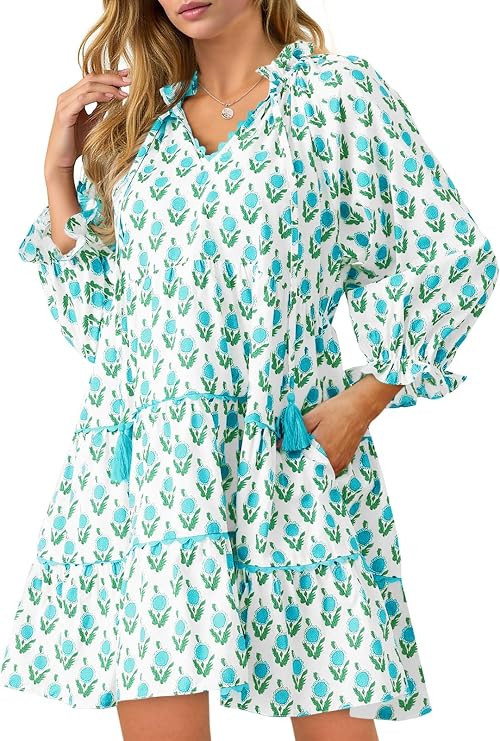 Wenrine Womens Casual Mini Dress Long Sleeve Floral Ruffle V Neck Fall Loose Boho Babydoll Dresse... | Amazon (US)