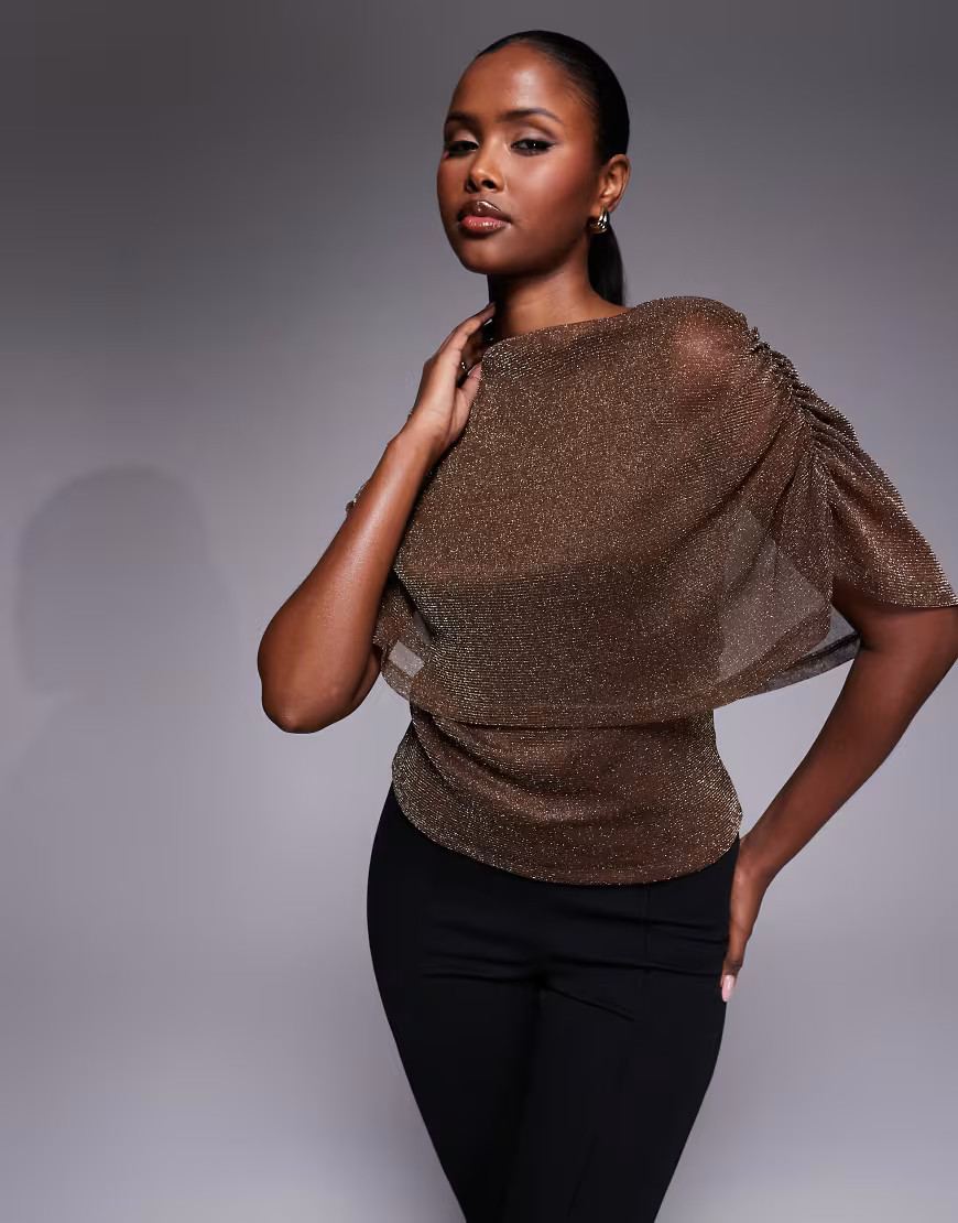 ASOS DESIGN glitter mesh cape overlay top in brown-Black | ASOS (Global)