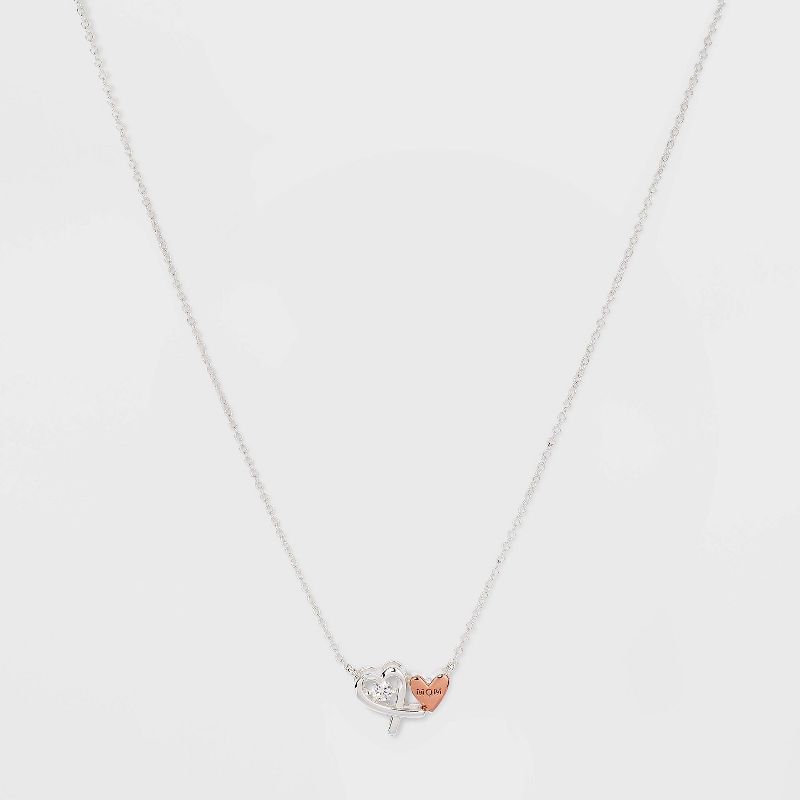 Silver Plated 'Mom' Double Heart Two-Tone Metal Cubic Zirconia Station Necklace - Rose Gold | Target