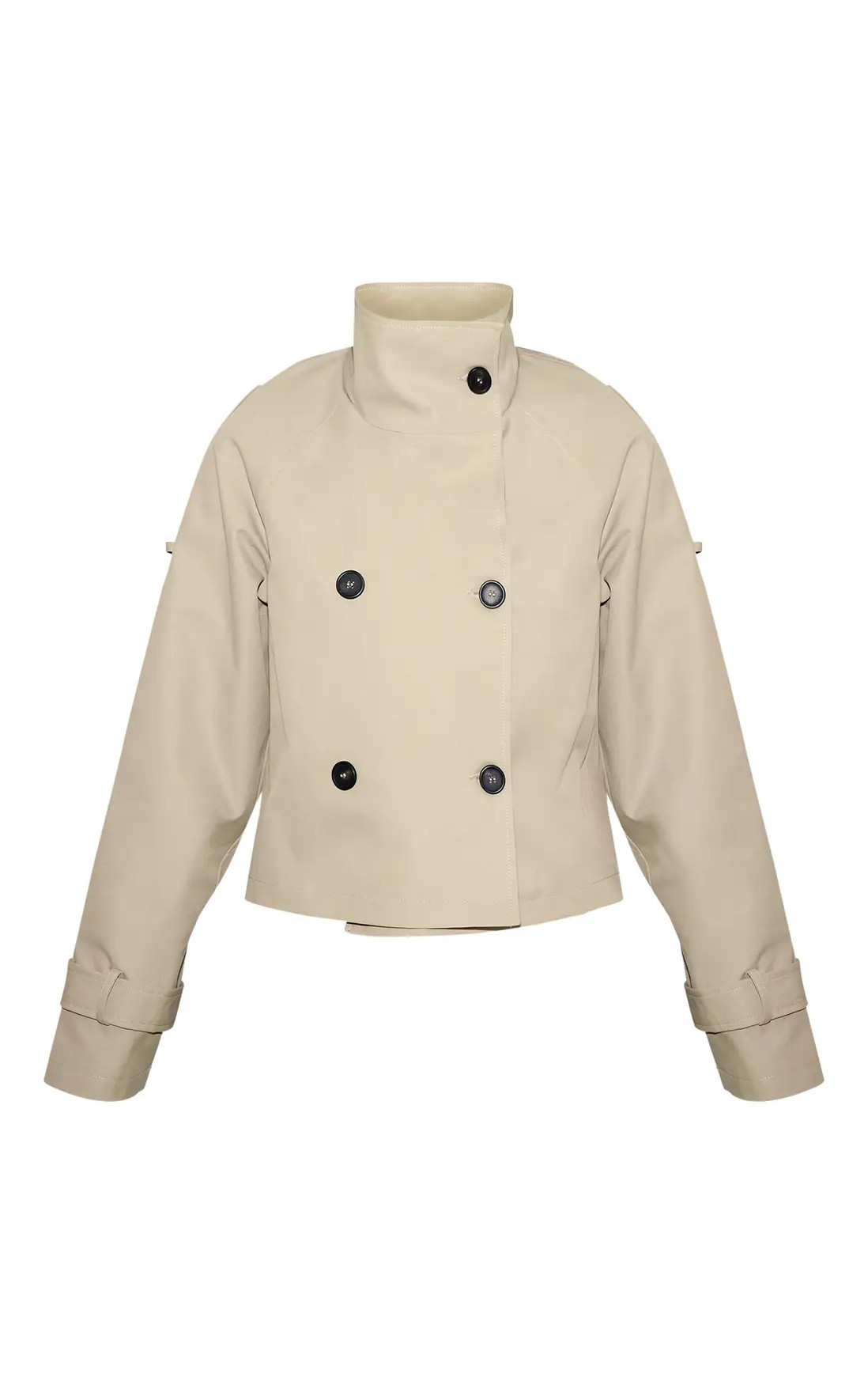 Jackets & Coats | Beige Double Breasted Funnel Neck Cropped Trench Coat | PrettyLittleThing | PrettyLittleThing US