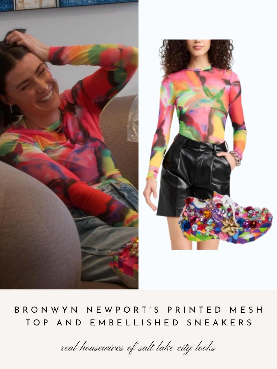 Bronwyn Newport’s Printed Mesh Top and Embellished Sneakers