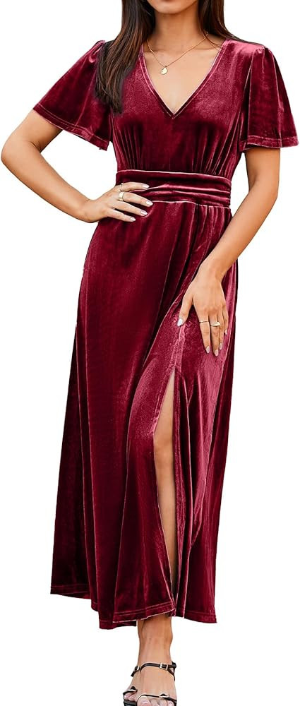 Simplee Women's Velvet Maxi Dress V Neck Short Sleeve Empire Waist Semi Formal Long Cocktail Dres... | Amazon (US)
