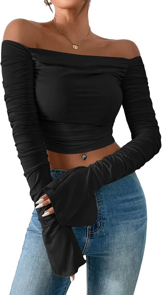 SHENHE Women's Ruched Off Shoulder Split Bell Long Sleeve T Shirt Crop Tops | Amazon (US)