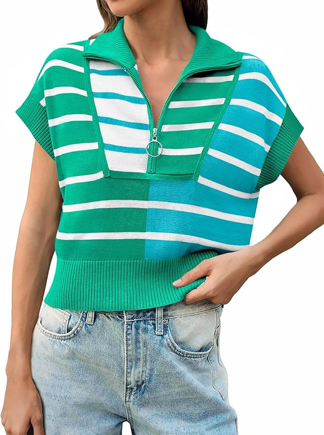 Saodimallsu Womens Quarter Zip Crop Tops Summer Striped Cap Sleeve Color Block V Neck Going Out K... | Amazon (US)