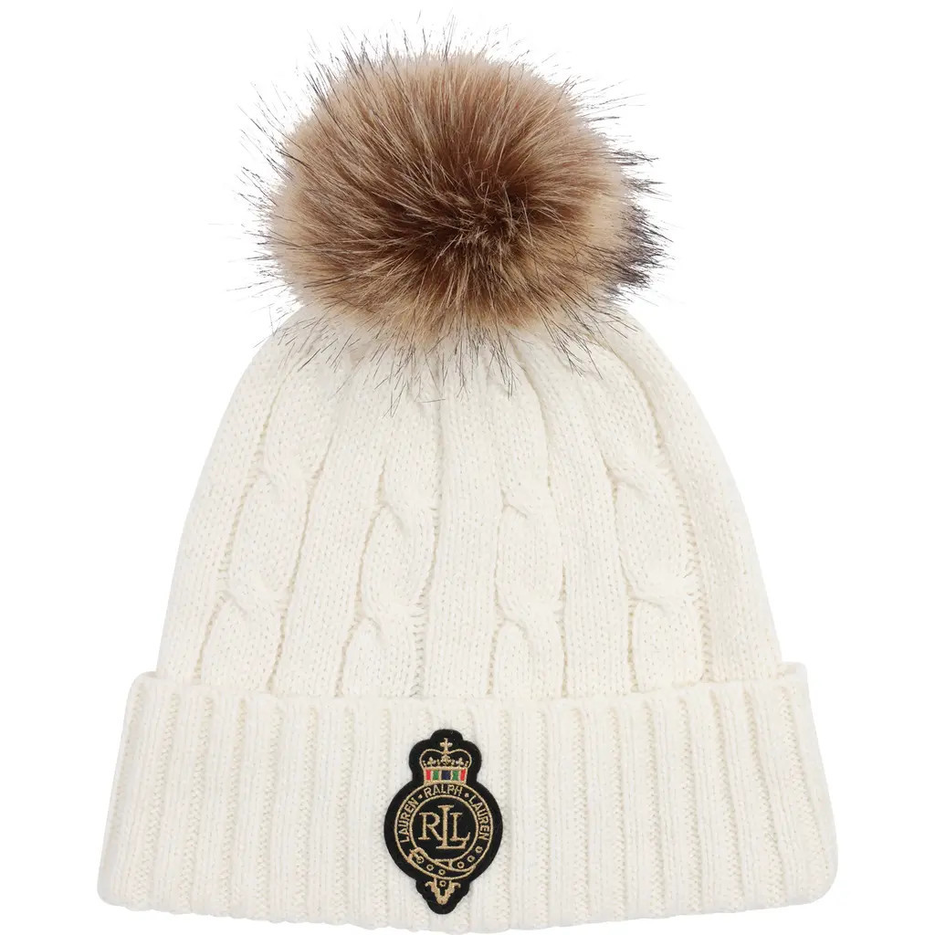 Lauren Ralph Lauren Cable Stitch Crew Patch Pompom Beanie in Cream at Nordstrom | Nordstrom