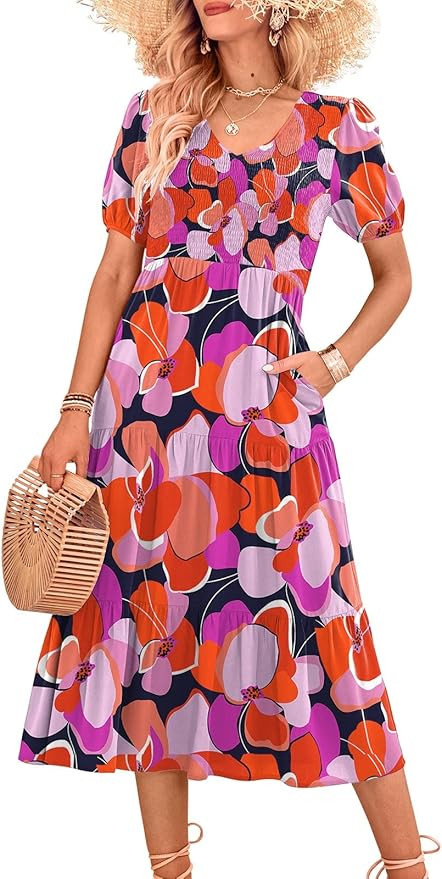 LOGENE Womens Summer V Neck Short Sleeve Bodice Midi Dress Tiered Panel Skirt with Pockets | Amazon (US)