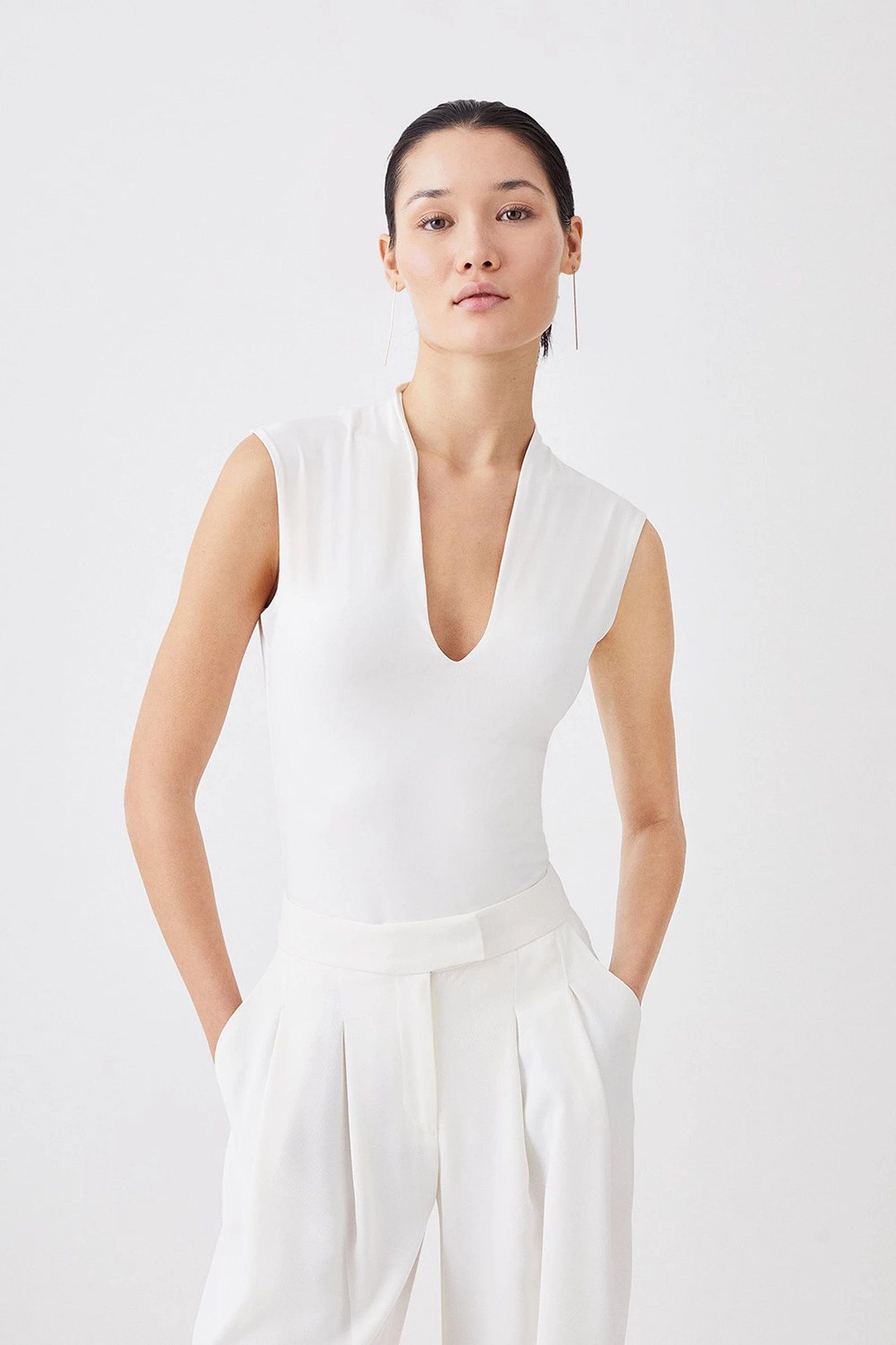 Slinky Jersey Plunge Neck Sleeveless Bodysuit | Karen Millen UK + IE + DE + NL