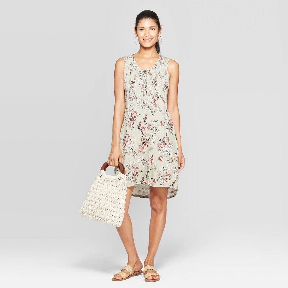 Women's Floral Print Sleeveless V-Neck Shift Midi Dress With Smocking - Knox Rose Green S, Size: Sma | Target