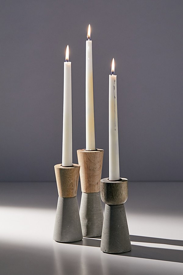 Cement And Wood Taper Candle Holder Set - Brown S at Urban Outfitters | Urban Outfitters (US and RoW)