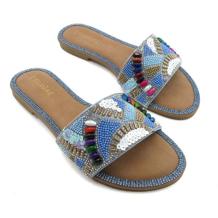 GJPBGK Women’s Embellished Slide Sandals Open Toe Flat Sandals Rhinestone Beaded Slip On Summer... | Walmart (US)